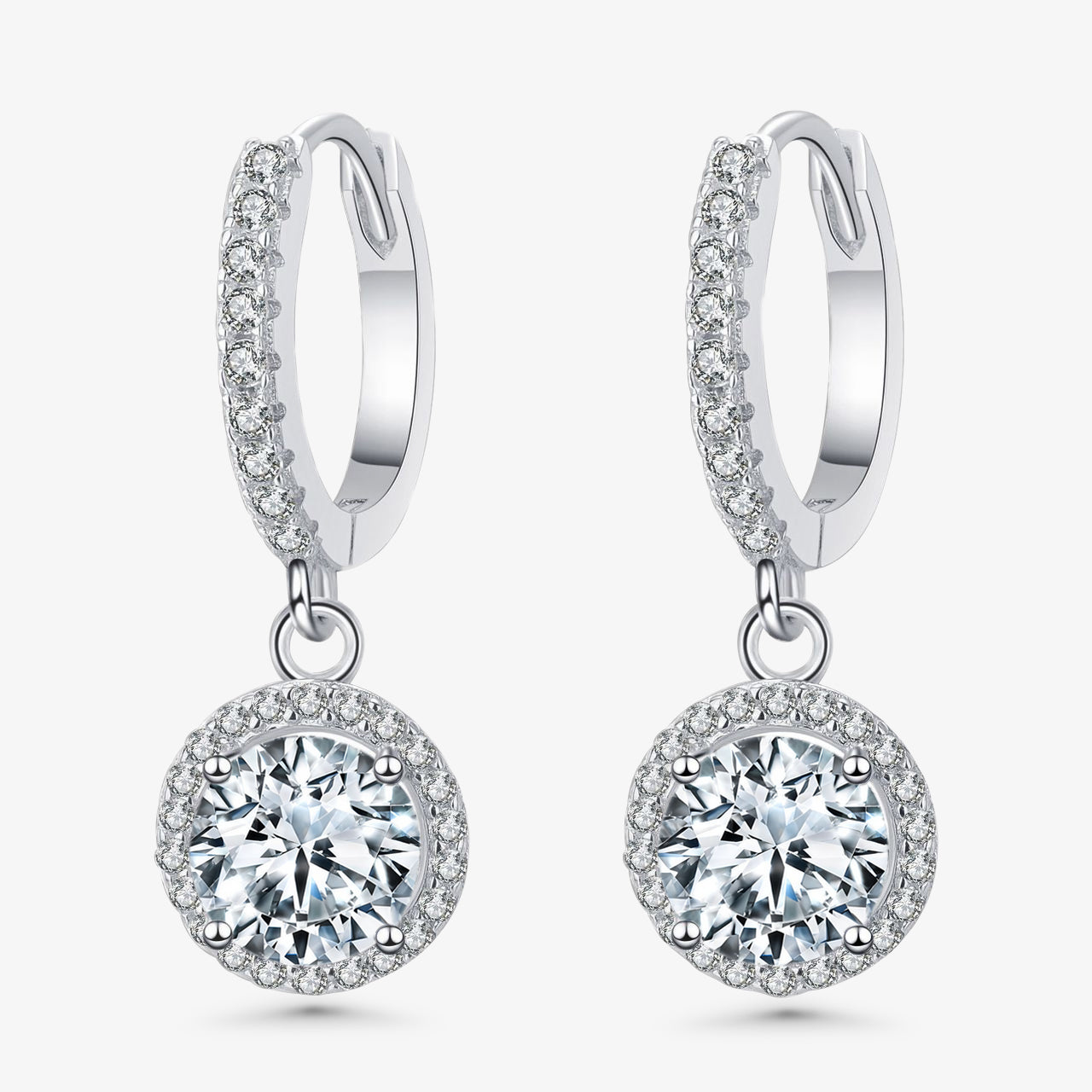 1.0ct Halo Round-Cut Drop Moissanite Earrings