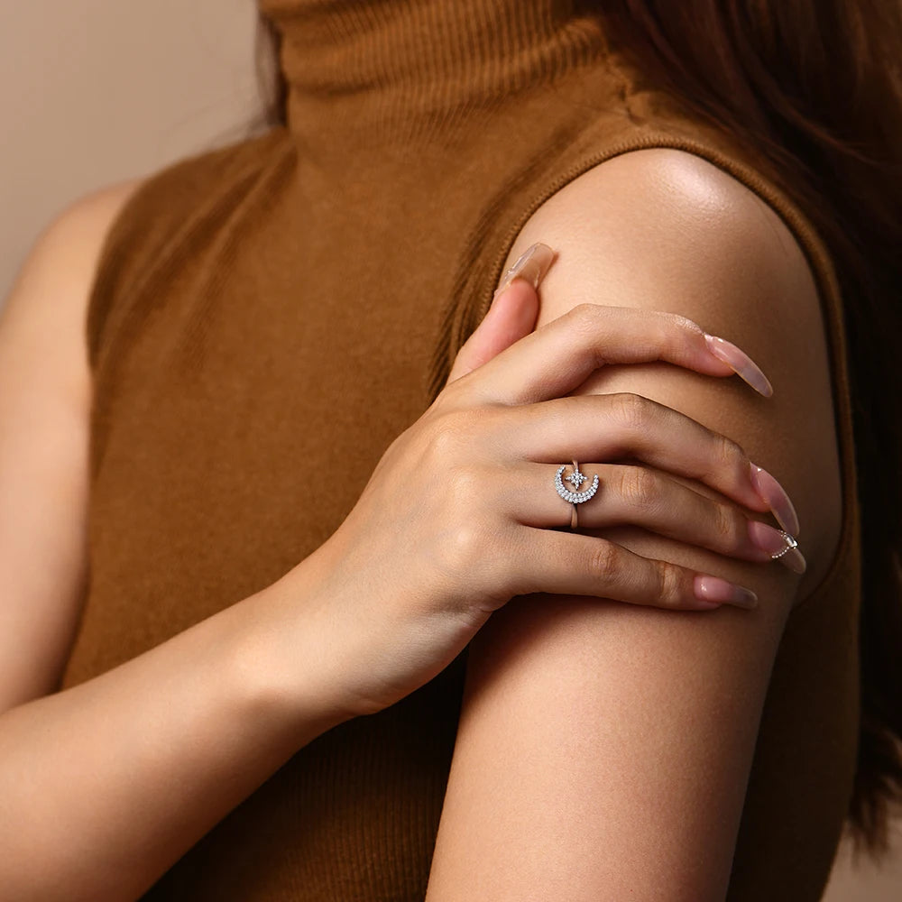 Bright Half-Moon Moissanite Ring