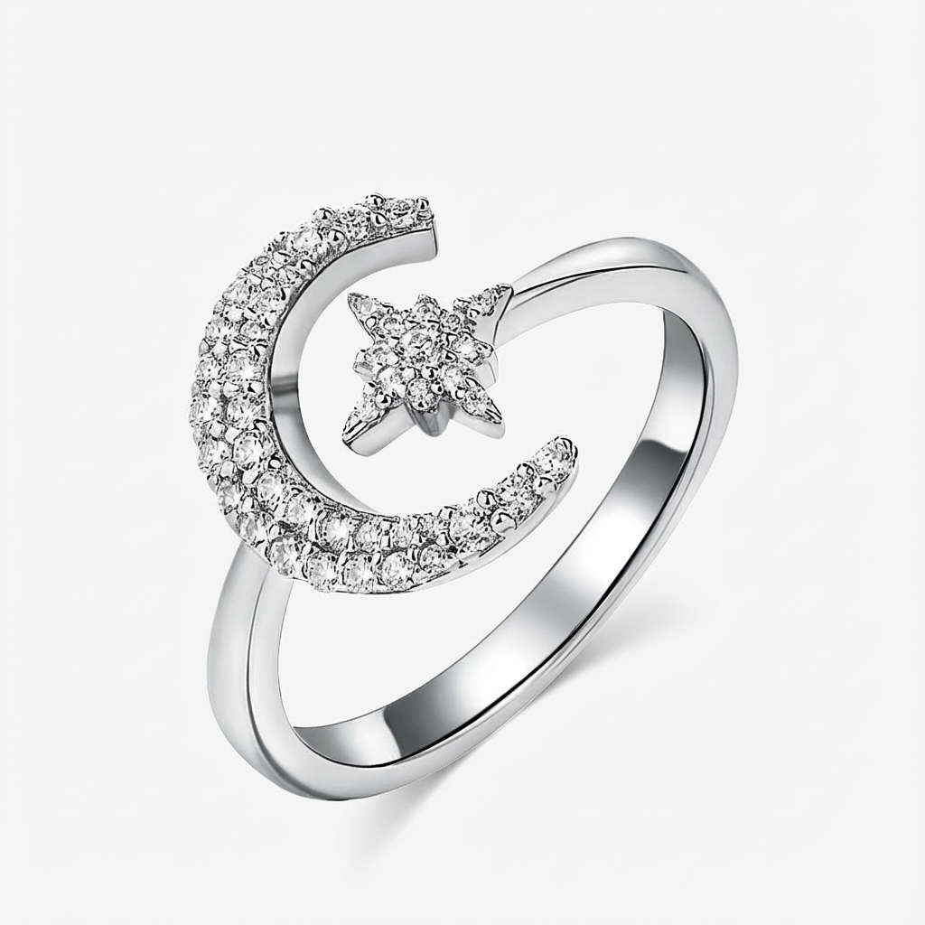 Bright Half-Moon Moissanite Ring